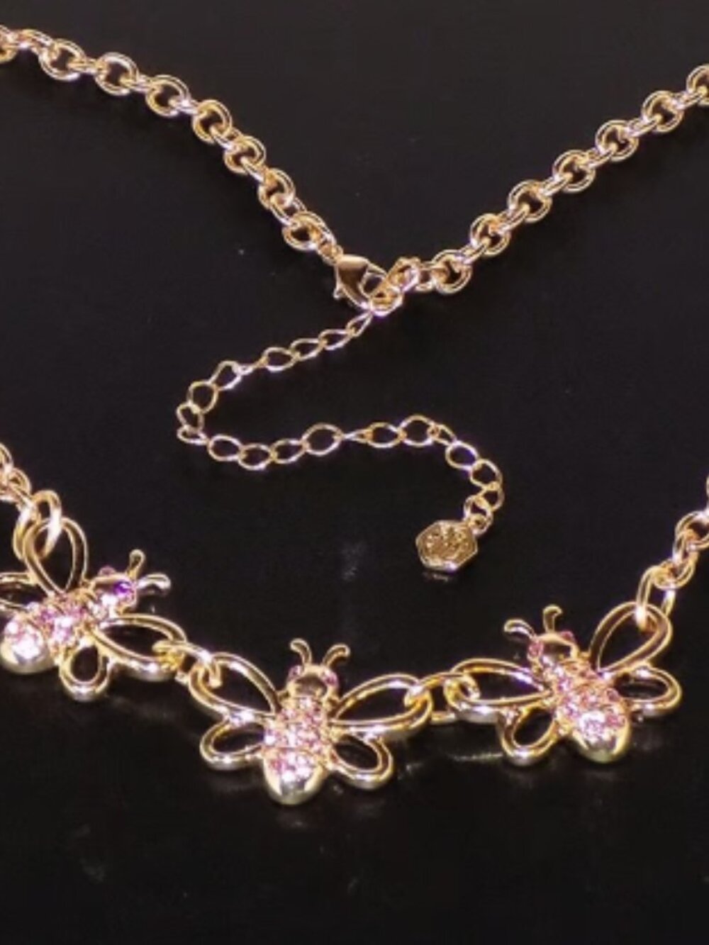 Signed RJ Graziano "You Can Do It" Pink Crystal Bee Chain Collar Necklace RJG